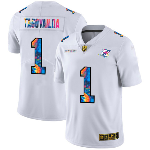 Miami Dolphins #1 Tua Tagovailoa Men's White Nike Multi-Color 2020 NFL Crucial Catch Limited NFL Jersey