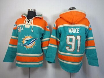 Miami Dolphins #91 Cameron Wake Aqua Green Sawyer Hooded Sweatshirt NFL Hoodie