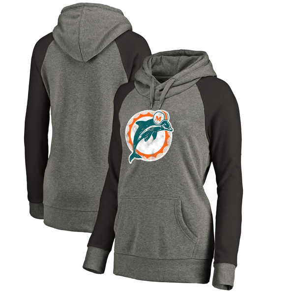 Miami Dolphins NFL Pro Line By Fanatics Branded Women's Throwback Logo Tri-Blend Raglan Plus Size Pullover Hoodie Gray Black
