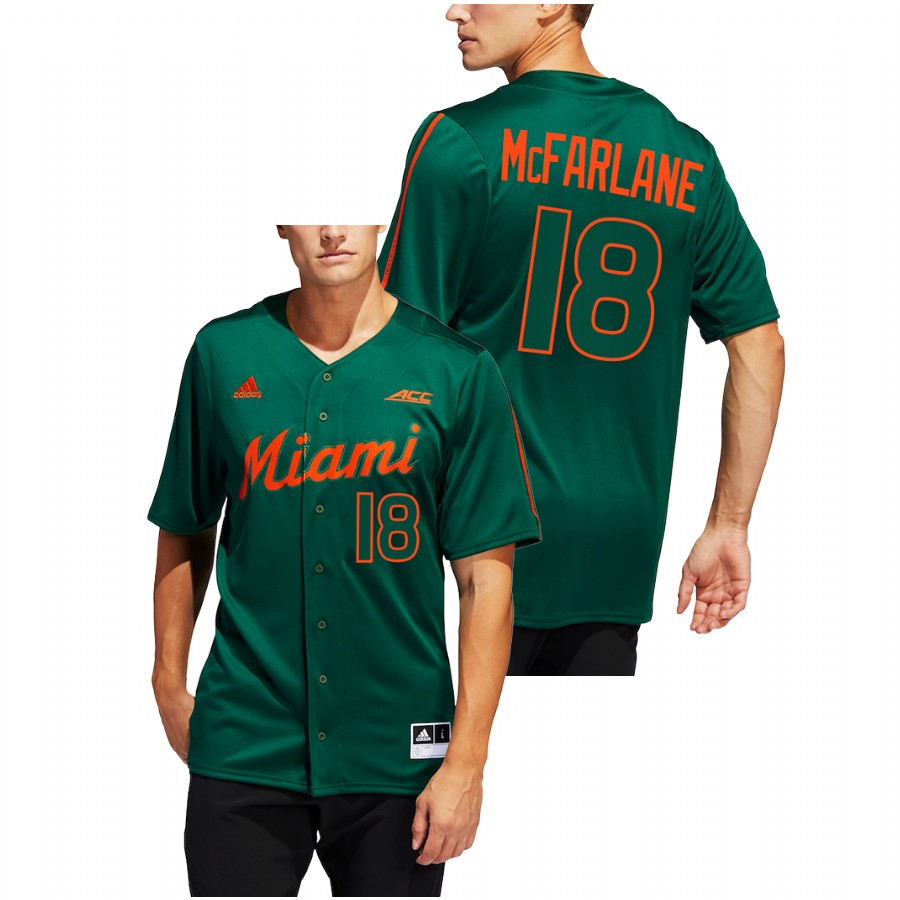 Miami Hurricanes Alex McFarlane Men Green College Baseball Button-Up Jersey