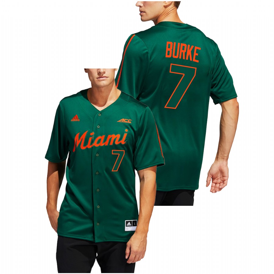 Miami Hurricanes Jacob Burke Men Green College Baseball Button-Up Jersey