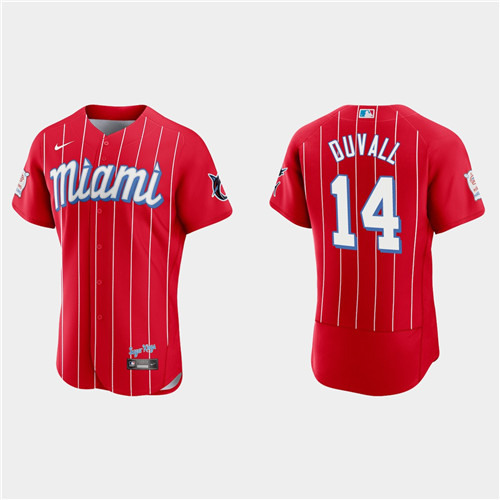 Miami Marlins #14 Adam Duvall Men's Nike 2021 City Connect Authentic MLB Jersey Red