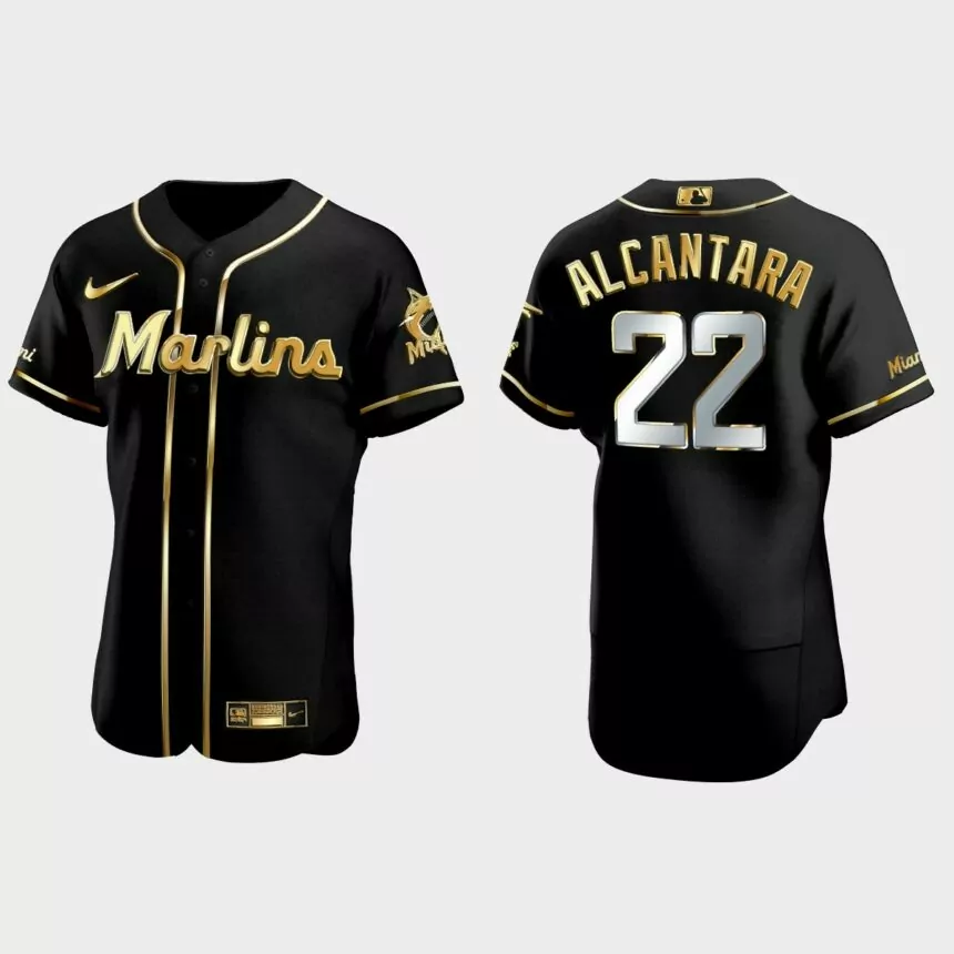 Miami Marlins #22 Sandy Alcantara Golden Edition Authentic Jersey – Black