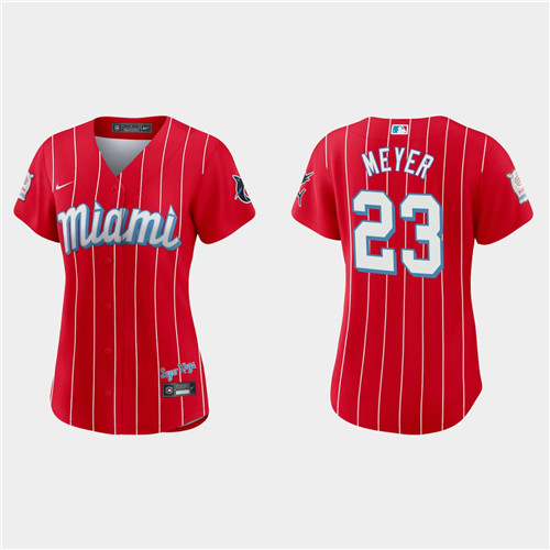 Miami Marlins #23 Max Meyer Women's Nike 2021 City Connect Authentic MLB Jersey Red