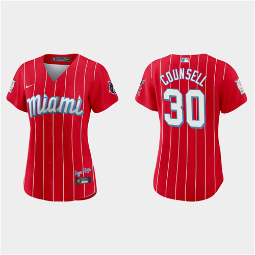 Miami Marlins #30 Craig Counsell Women's Nike 2021 City Connect Authentic MLB Jersey Red