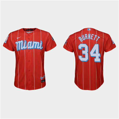 Miami Marlins #34 A.J. Burnett Youth Nike 2021 City Connect Authentic MLB Jersey Red