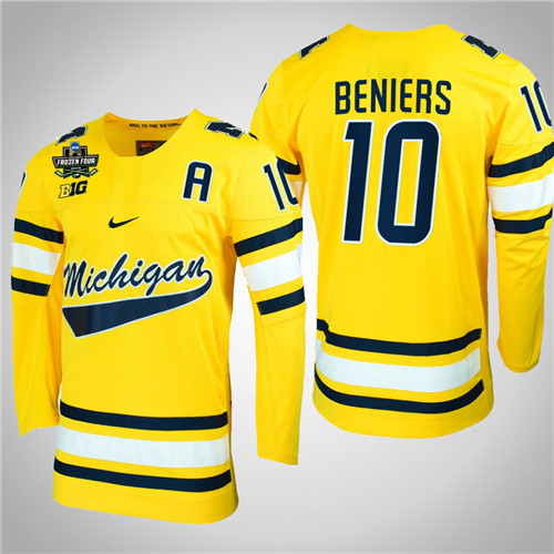 Michigan Wolverines 10 Matty Beniers NCAA Hockey 2022 Frozen Four Jersey Maize