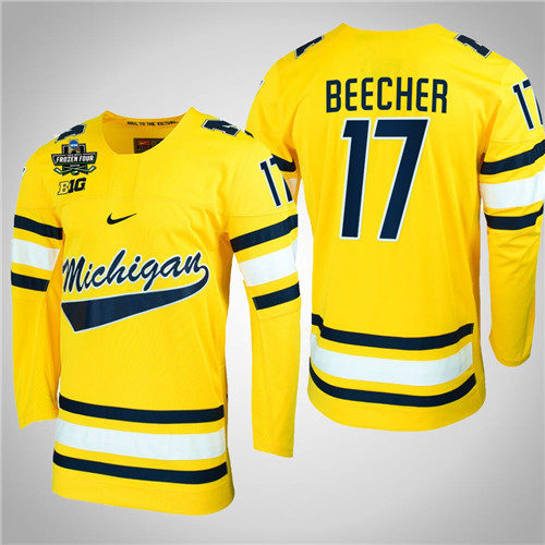 Michigan Wolverines 17 Johnny Beecher NCAA Hockey 2022 Frozen Four Jersey Maize