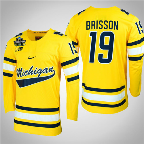 Michigan Wolverines 19 Brendan Brisson NCAA Hockey 2022 Frozen Four Jersey Maize