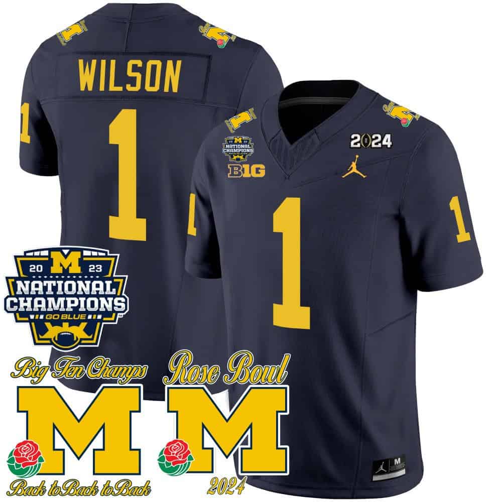 Michigan Wolverines 2023 National Champions & Rose Bowl Patch Vapor  Football Jersey- All Stitched Navy #1 Roman Wilson