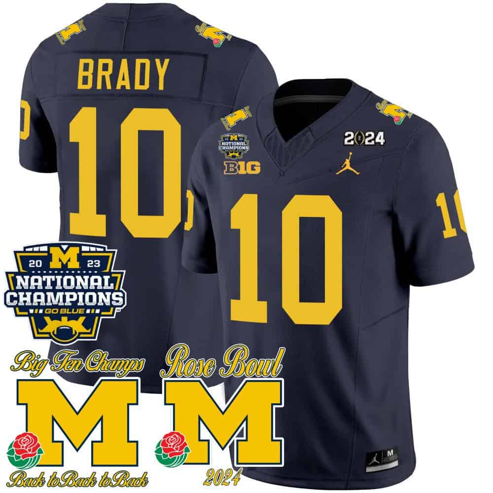 Michigan Wolverines 2023 National Champions & Rose Bowl Patch Vapor  Football Jersey- All Stitched Navy #10 Tom Brady
