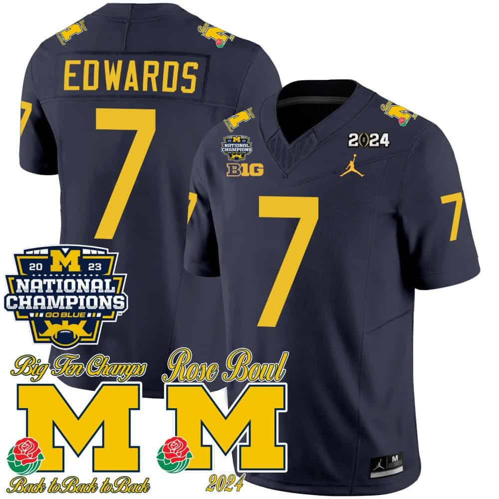 Michigan Wolverines 2023 National Champions & Rose Bowl Patch Vapor  Football Jersey- All Stitched Navy #7 Donovan Edwards