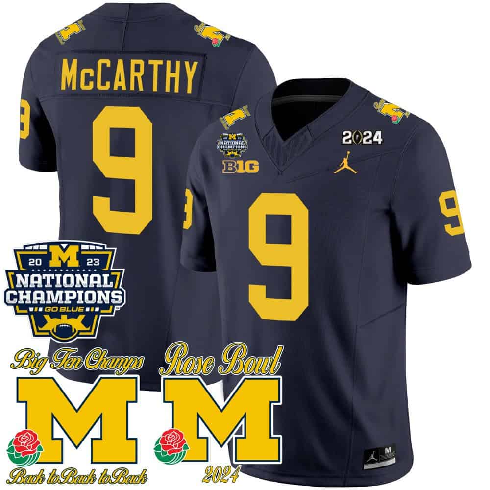 Michigan Wolverines 2023 National Champions & Rose Bowl Patch Vapor  Football Jersey- All Stitched Navy #9 J J Mccarthy