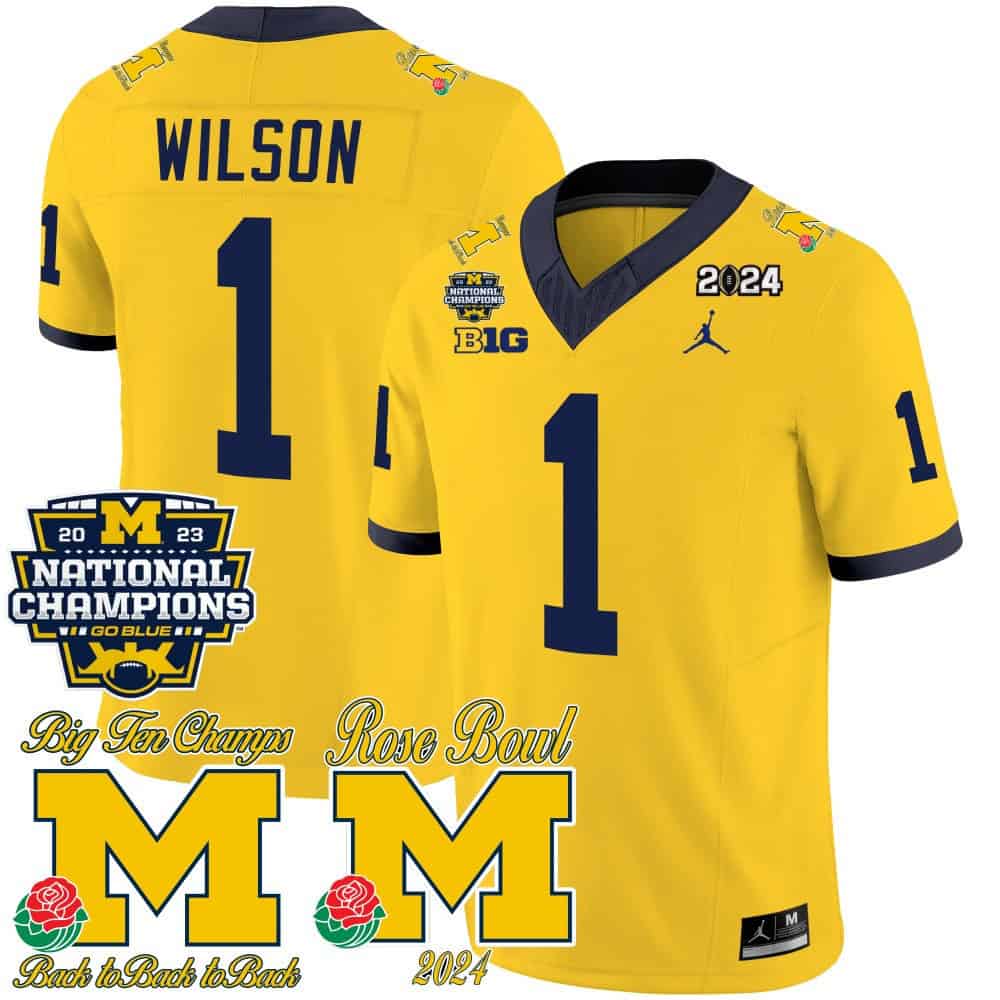 Michigan Wolverines 2023 National Champions & Rose Bowl Patch Vapor Football Jersey- All Stitched Maize #1 Roman Wilson