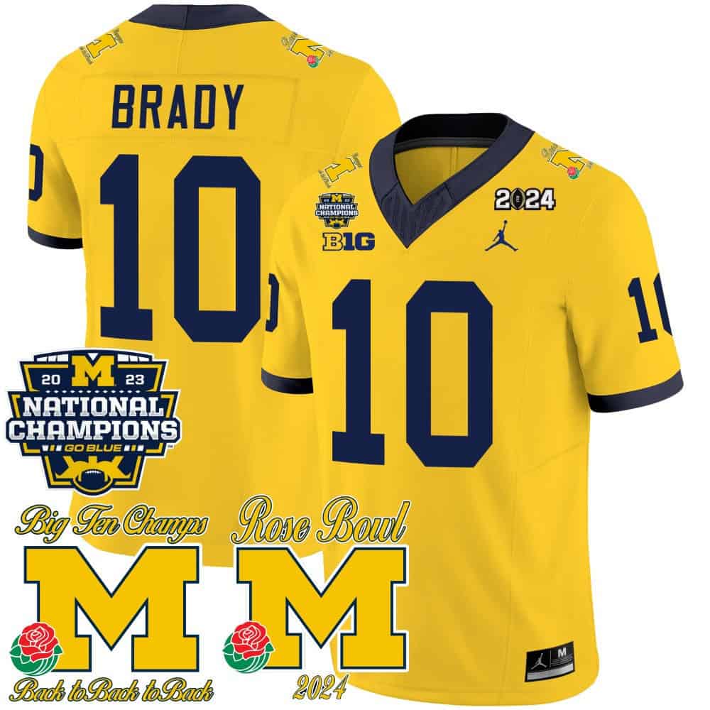 Michigan Wolverines 2023 National Champions & Rose Bowl Patch Vapor Football Jersey- All Stitched Maize #10 Tom Brady