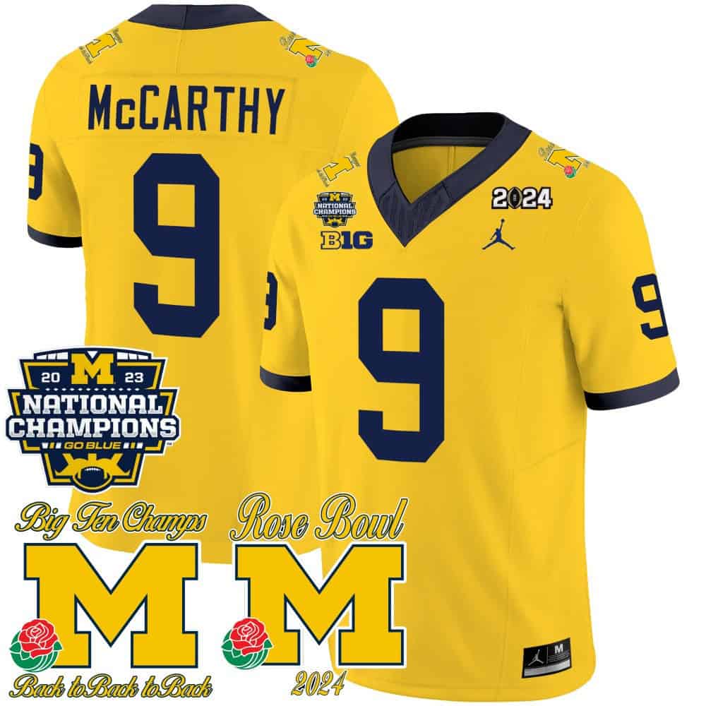 Michigan Wolverines 2023 National Champions & Rose Bowl Patch Vapor Football Jersey- All Stitched Maize #9 J J Mccarthy