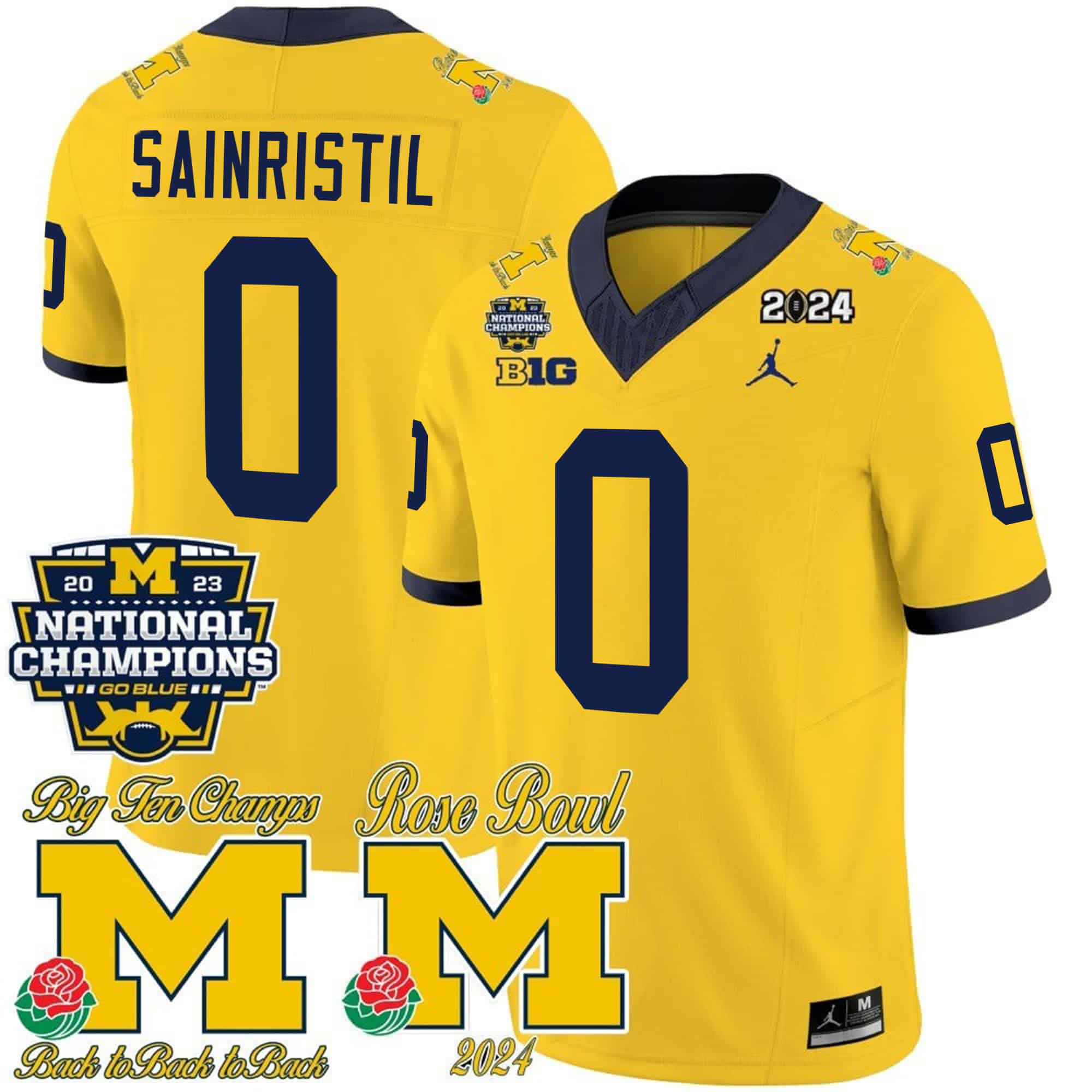 Michigan Wolverines 2023 National Champions & Rose Bowl Patch Vapor Football Jersey- All Stitched Maize