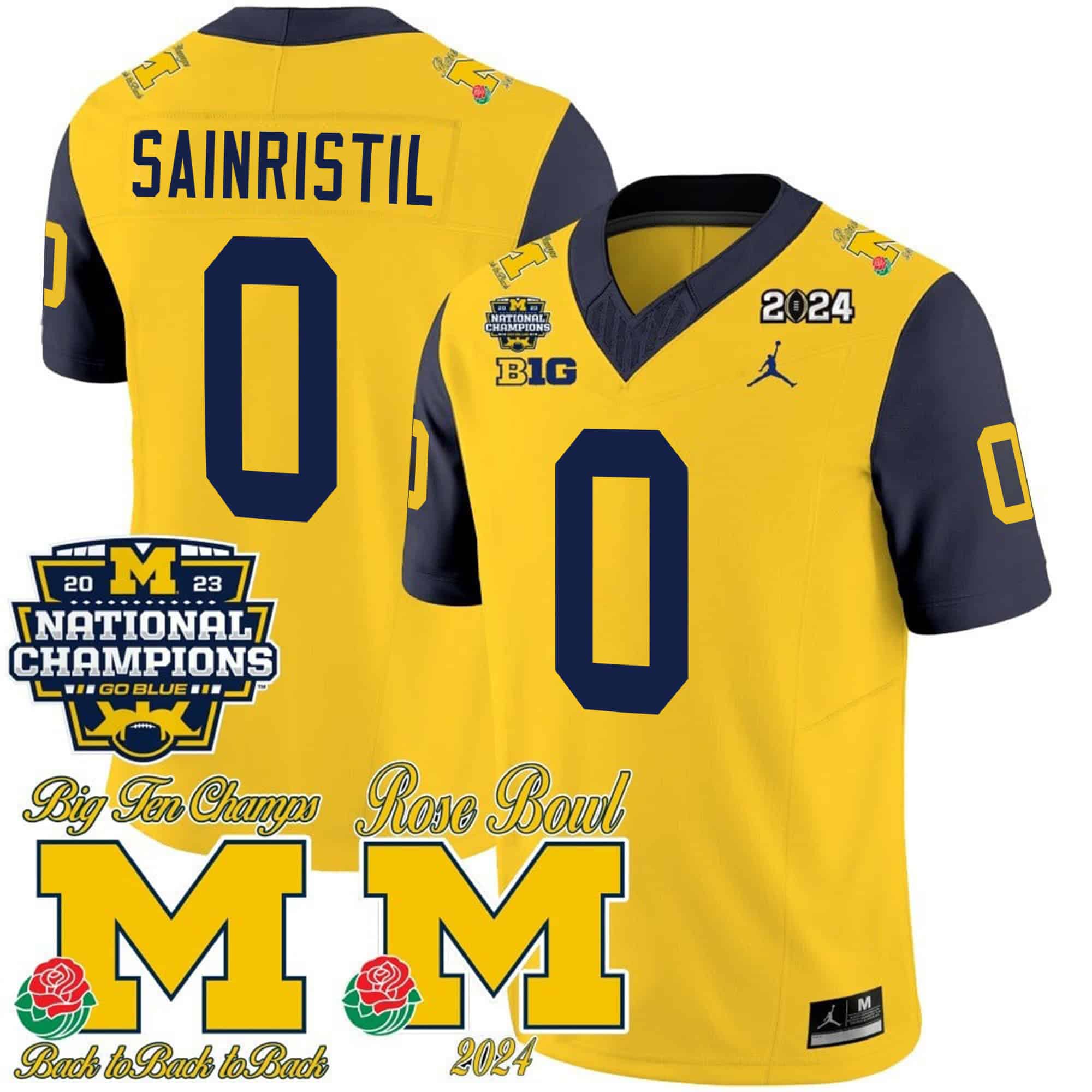Michigan Wolverines 2023 National Champions & Rose Bowl Patch Vapor Football Jersey- All Stitched Navy Sleeve  #0 Mike Sainristil