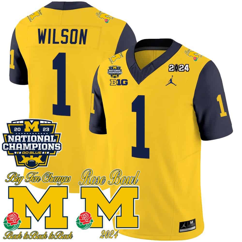 Michigan Wolverines 2023 National Champions & Rose Bowl Patch Vapor Football Jersey- All Stitched Navy Sleeve #1 Roman Wilson