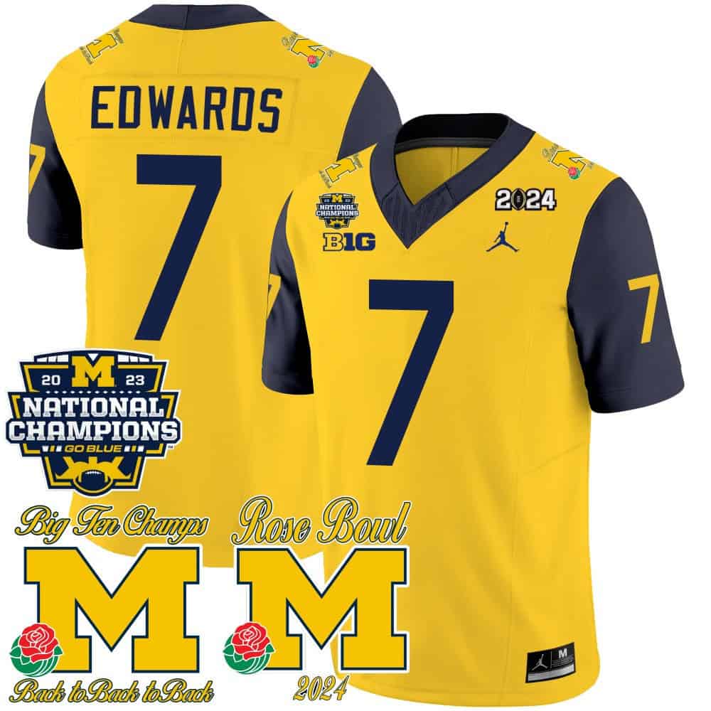 Michigan Wolverines 2023 National Champions & Rose Bowl Patch Vapor Football Jersey- All Stitched Navy Sleeve #7 Donovan Edwards