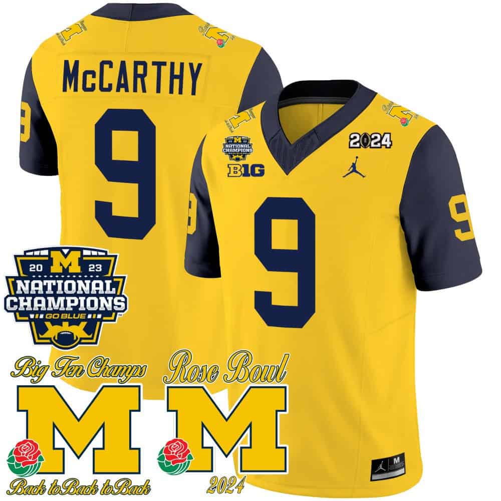 Michigan Wolverines 2023 National Champions & Rose Bowl Patch Vapor Football Jersey- All Stitched Navy Sleeve #9 J J Mccarthy