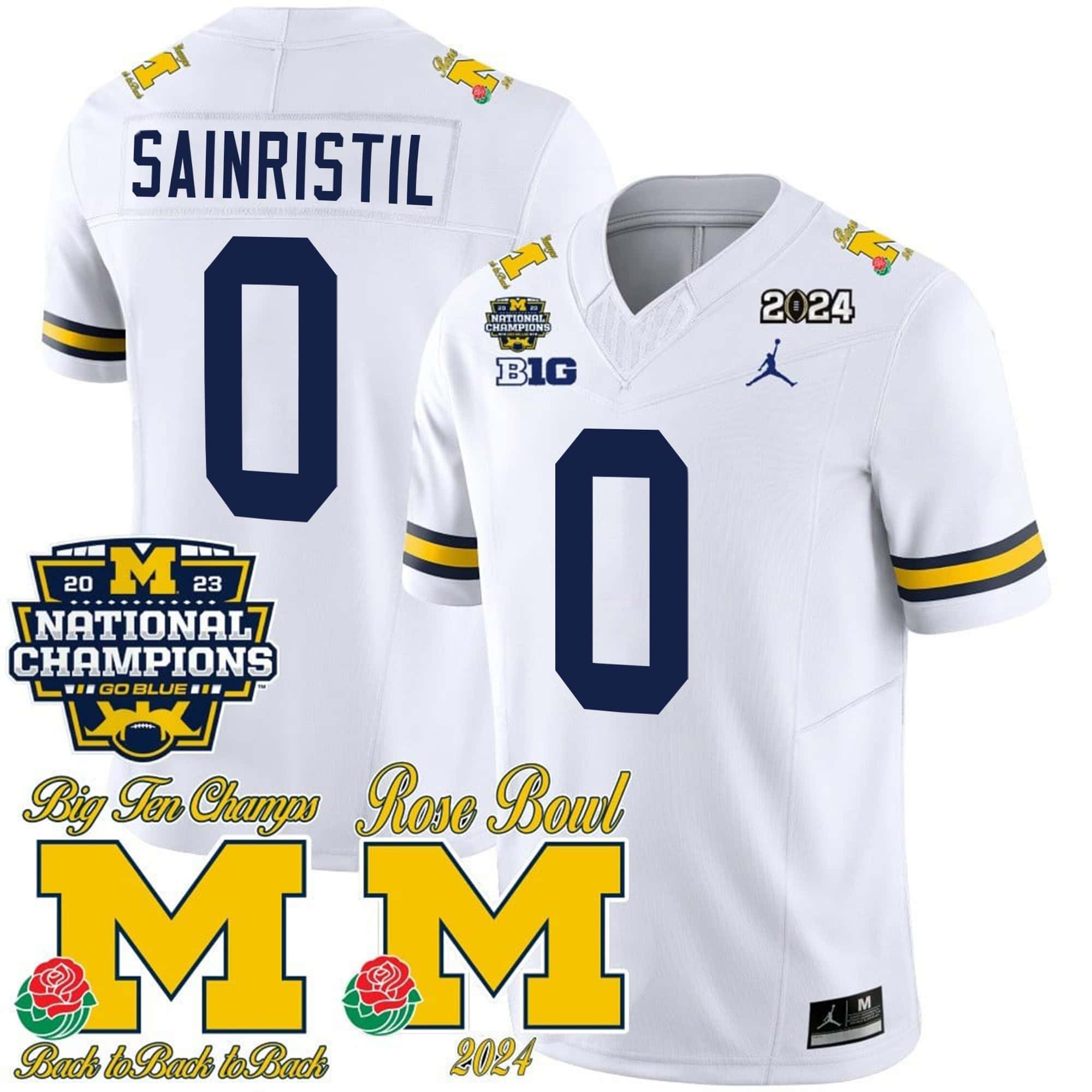 Michigan Wolverines 2023 National Champions & Rose Bowl Patch Vapor Football Jersey- All Stitched White #0 Mike Sainristil