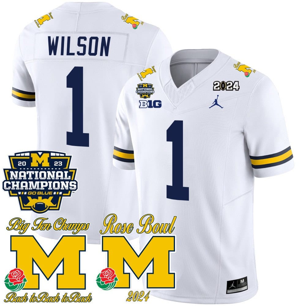 Michigan Wolverines 2023 National Champions & Rose Bowl Patch Vapor Football Jersey- All Stitched White #1 Roman Wilson