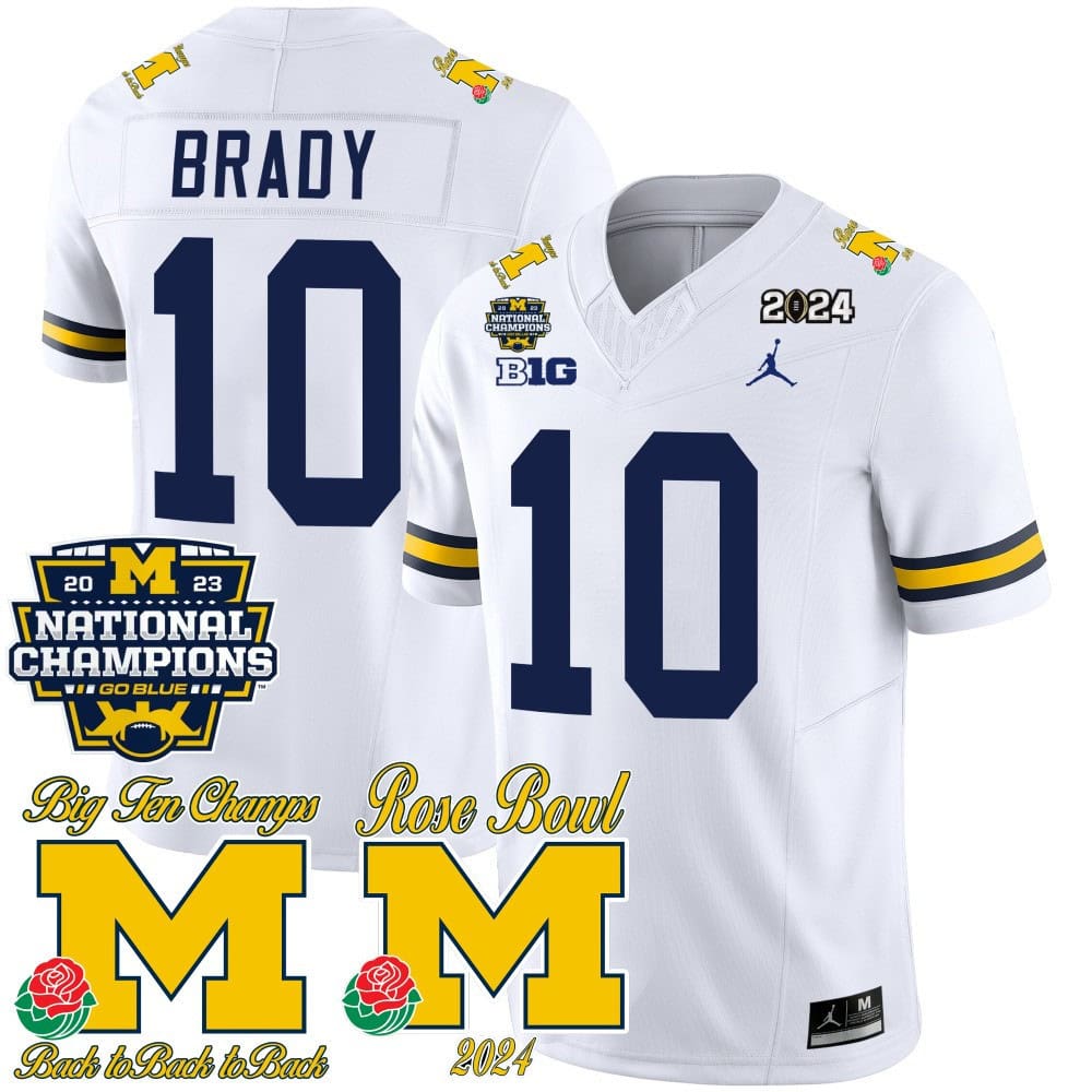 Michigan Wolverines 2023 National Champions & Rose Bowl Patch Vapor Football Jersey- All Stitched White #10 Tom Brady