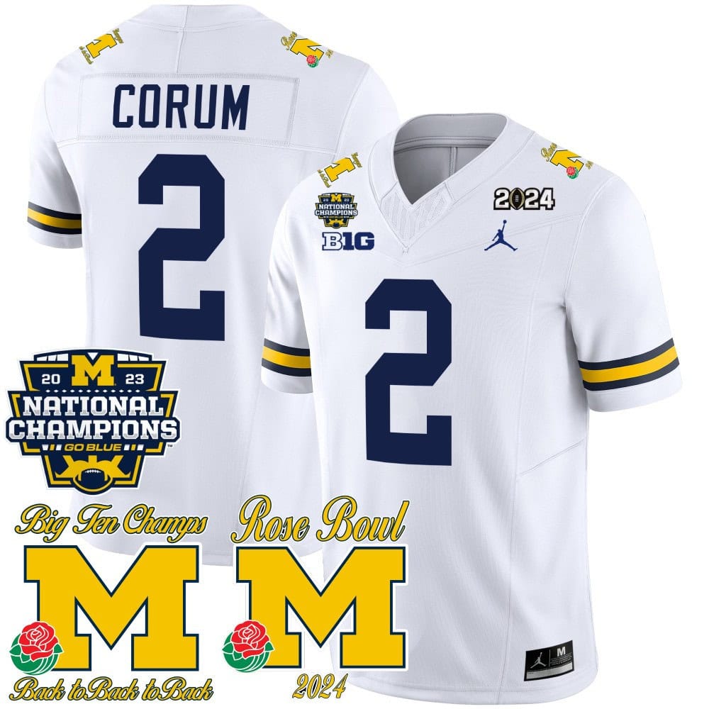 Michigan Wolverines 2023 National Champions & Rose Bowl Patch Vapor Football Jersey- All Stitched White #2 Blake Corum