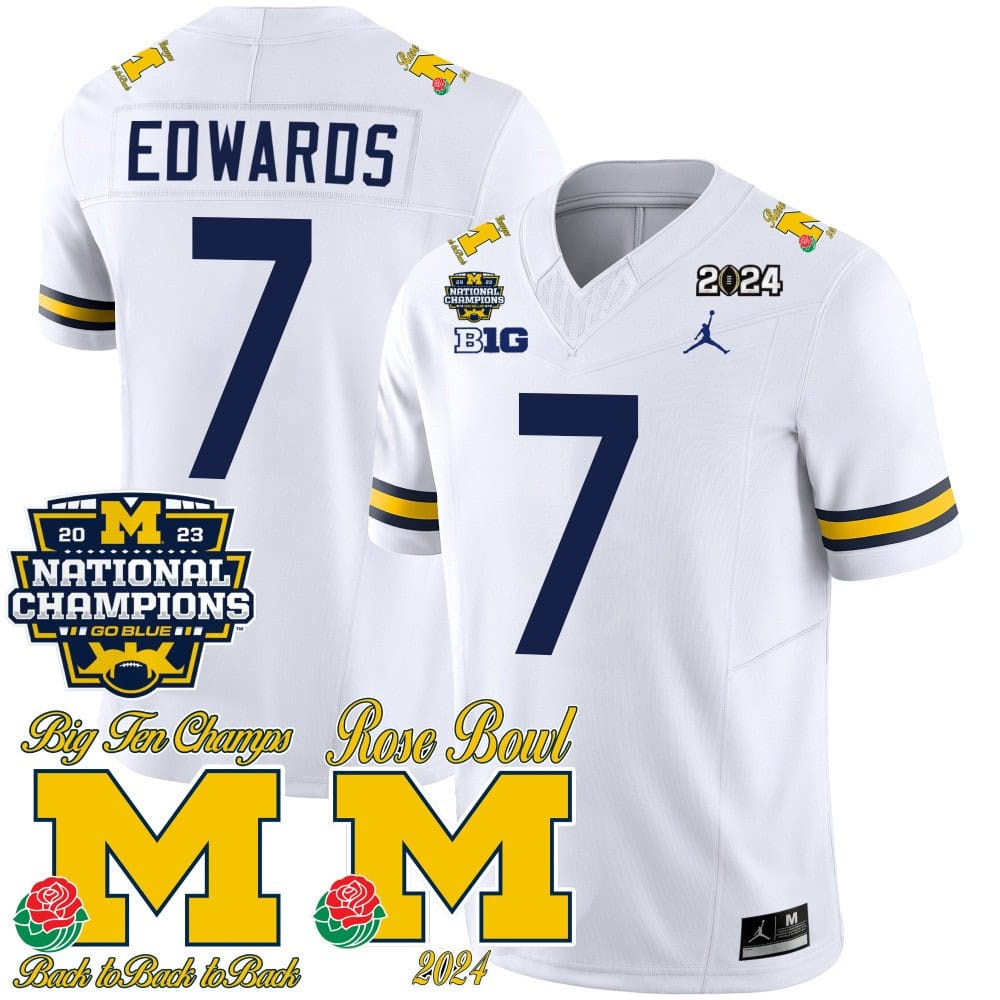 Michigan Wolverines 2023 National Champions & Rose Bowl Patch Vapor Football Jersey- All Stitched White #7 Donovan Edwards