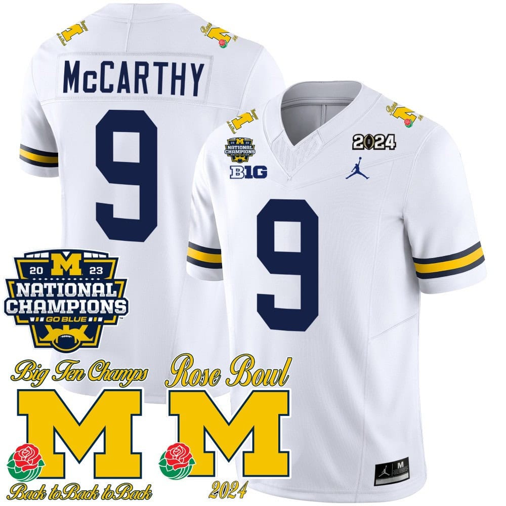 Michigan Wolverines 2023 National Champions & Rose Bowl Patch Vapor Football Jersey- All Stitched White #9 J J Mccarthy