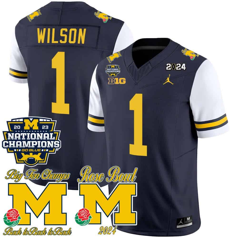 Michigan Wolverines 2023 National Champions & Rose Bowl Patch Vapor Football Jersey- All Stitched White Sleeves #1 Roman Wilson