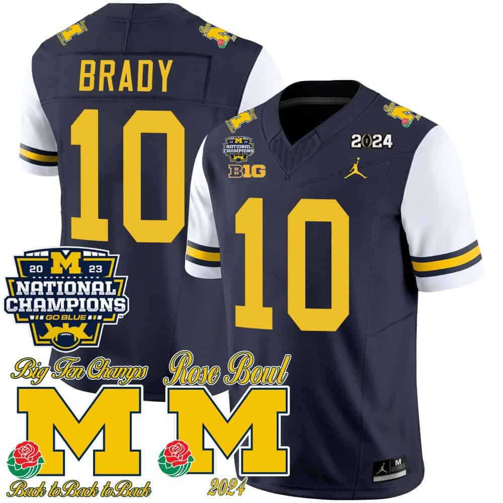 Michigan Wolverines 2023 National Champions & Rose Bowl Patch Vapor Football Jersey- All Stitched White Sleeves #10 Tom Brady