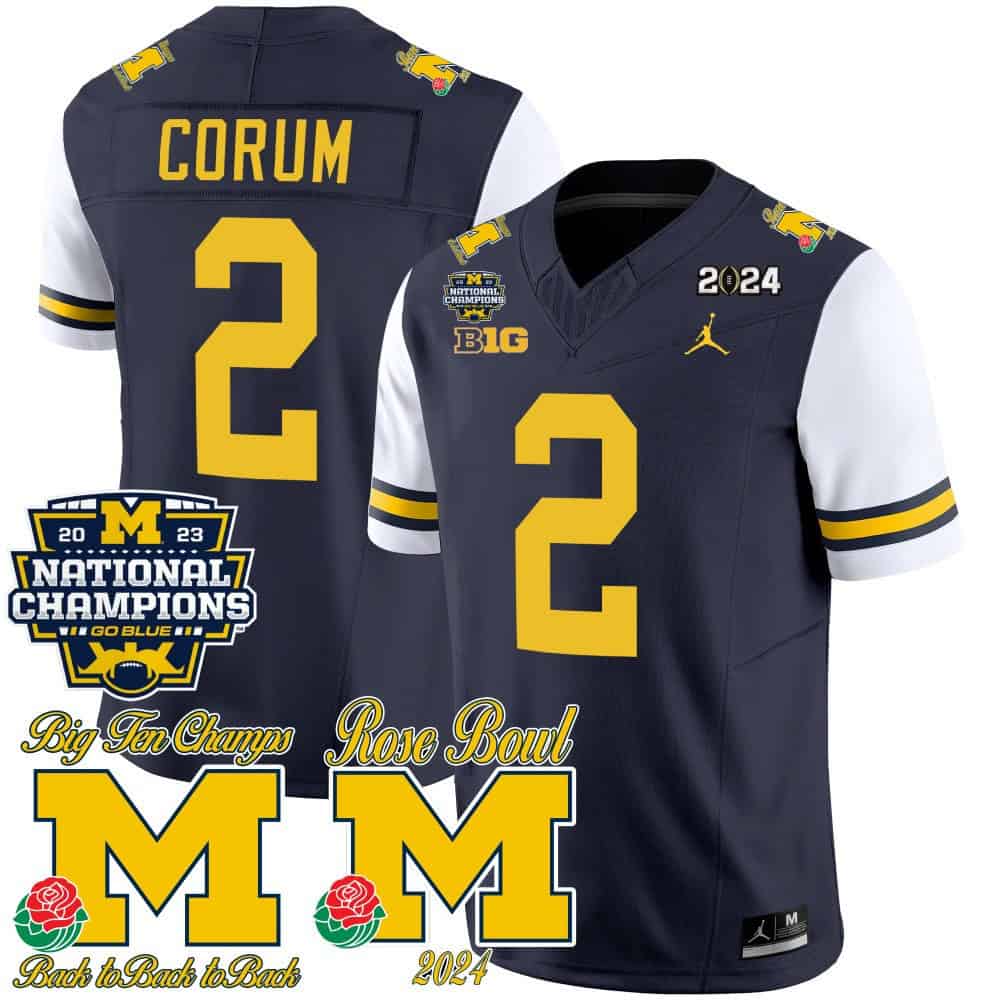 Michigan Wolverines 2023 National Champions & Rose Bowl Patch Vapor Football Jersey- All Stitched White Sleeves #2 Blake Corum