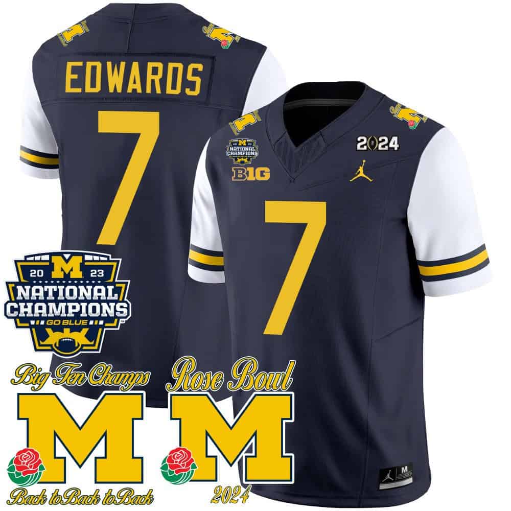 Michigan Wolverines 2023 National Champions & Rose Bowl Patch Vapor Football Jersey- All Stitched White Sleeves #7 Donovan Edwards