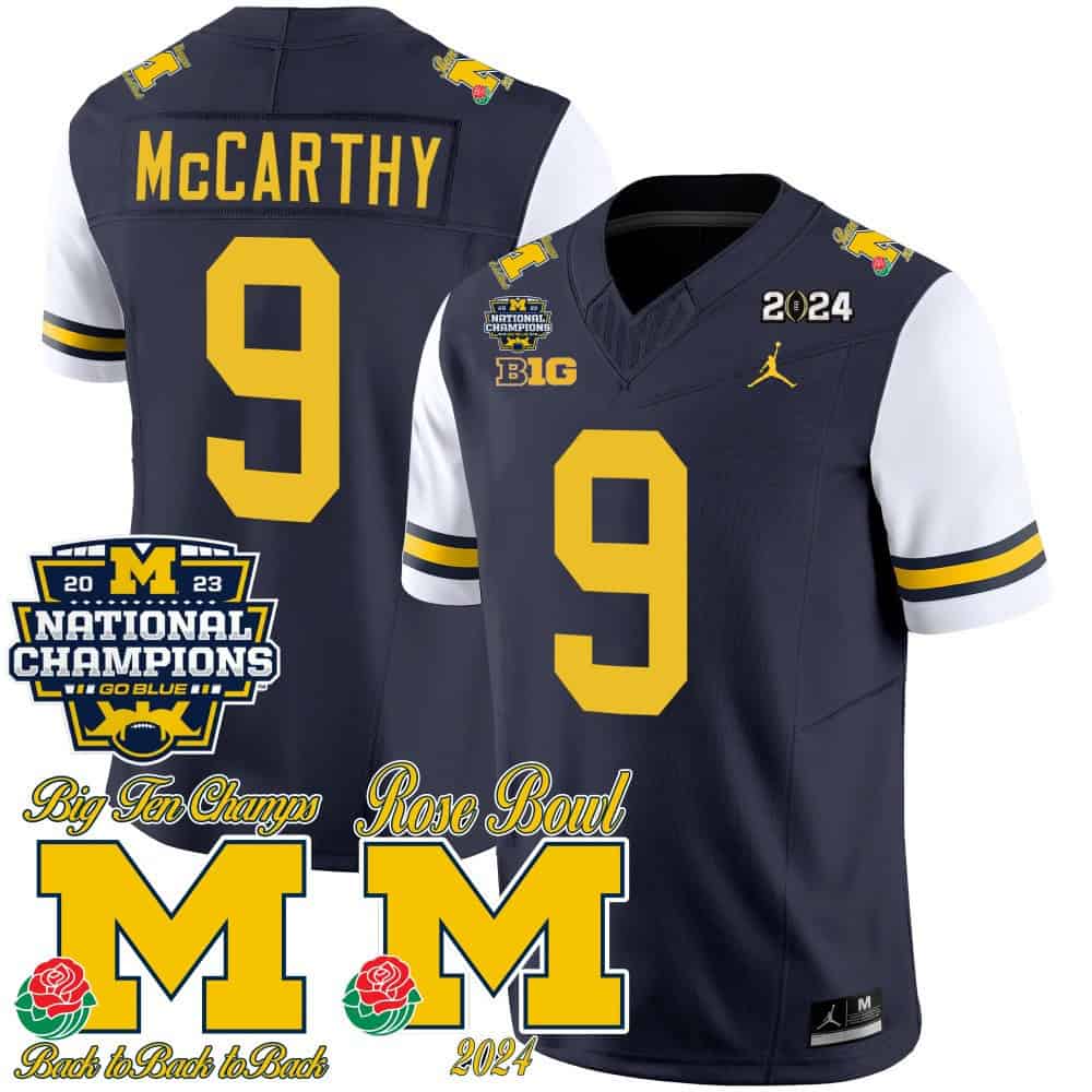 Michigan Wolverines 2023 National Champions & Rose Bowl Patch Vapor Football Jersey- All Stitched White Sleeves #9 J J Mccarthy