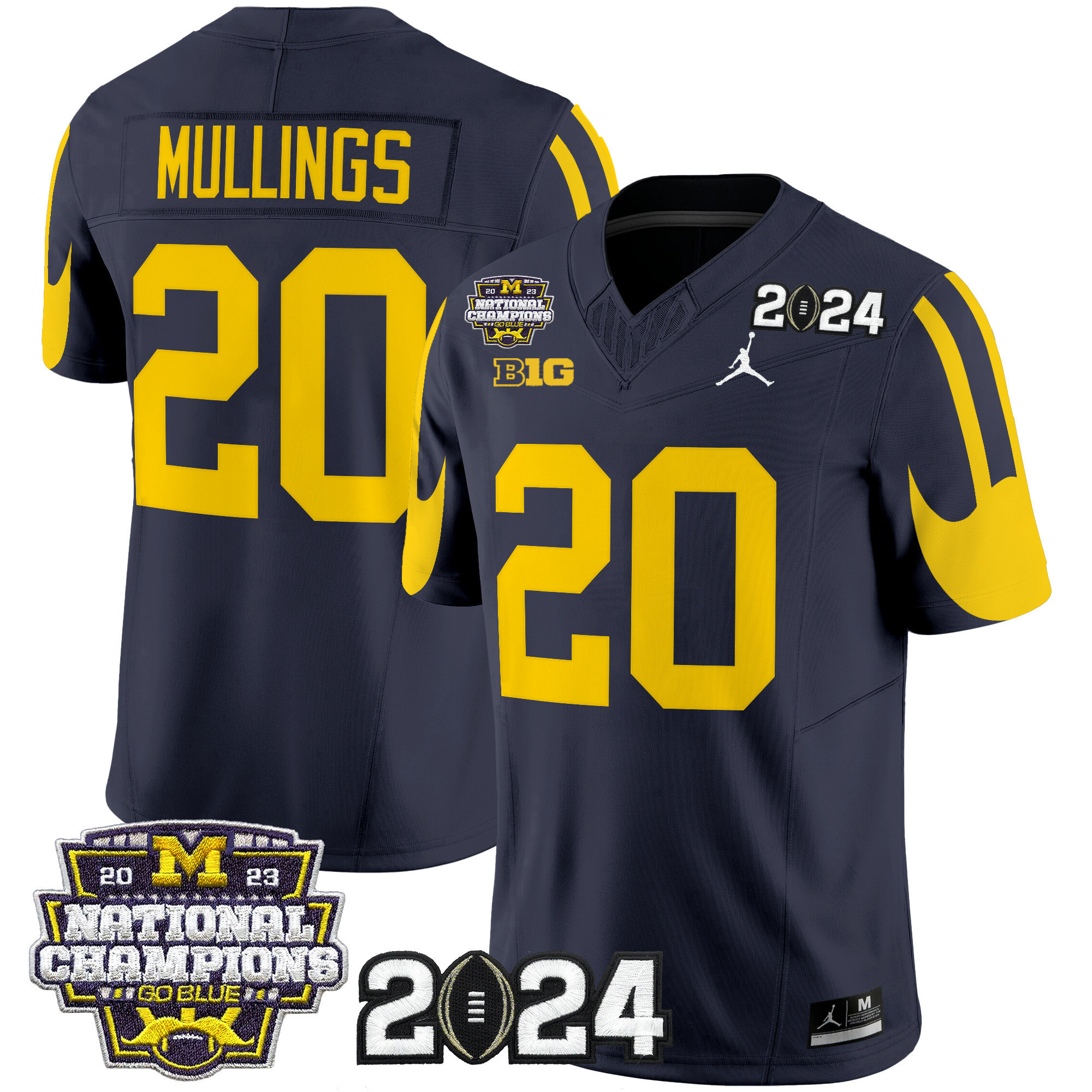 Michigan Wolverines 2024 CFP & National Champions Patch Vapor Limited Football Jersey - All Stitched   NAVY #20 KALEL MULLINGS