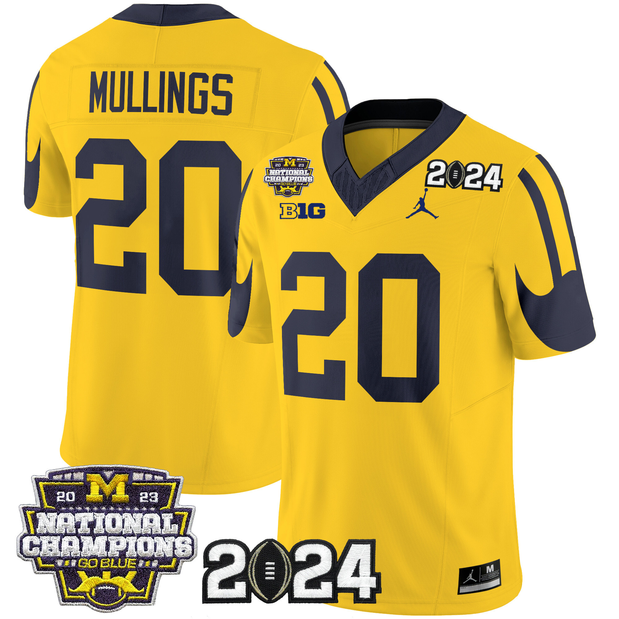 Michigan Wolverines 2024 CFP & National Champions Patch Vapor Limited Football Jersey - All Stitched MAIZE #20 KALEL MULLINGS