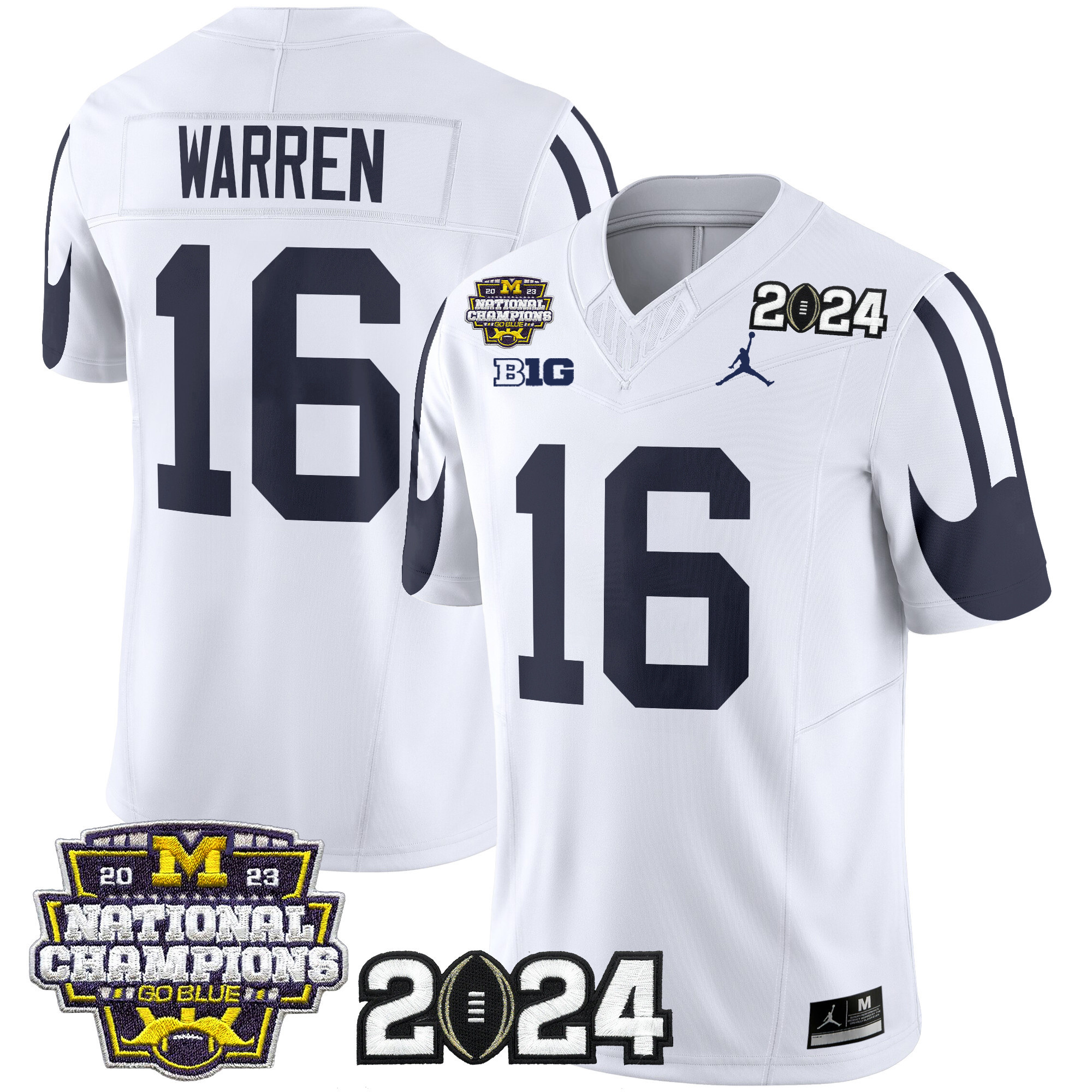 Michigan Wolverines 2024 CFP & National Champions Patch Vapor Limited Football Jersey - All Stitched WHITE #16 DAVIS WARREN
