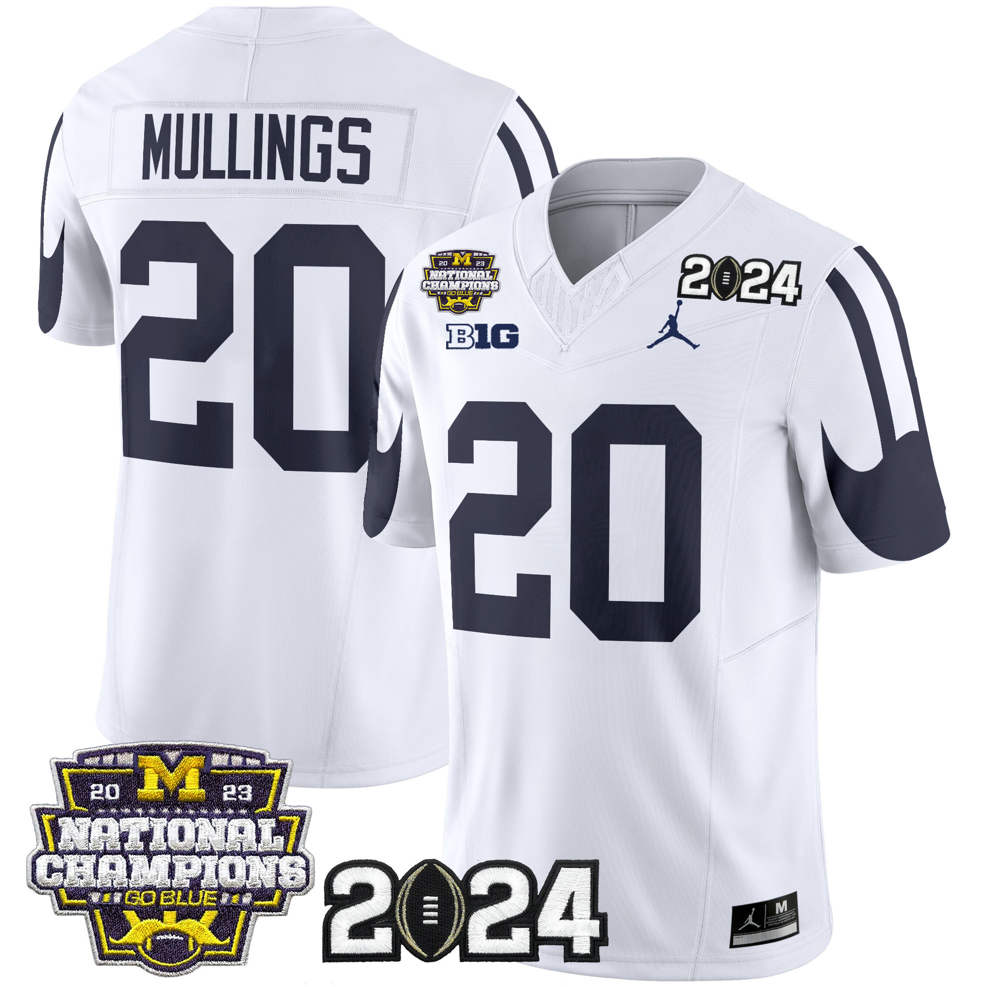 Michigan Wolverines 2024 CFP & National Champions Patch Vapor Limited Football Jersey - All Stitched WHITE #20 KALEL MULLINGS
