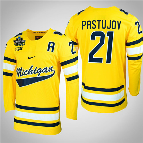 Michigan Wolverines 21 Michael Pastujov NCAA Hockey 2022 Frozen Four Jersey Maize