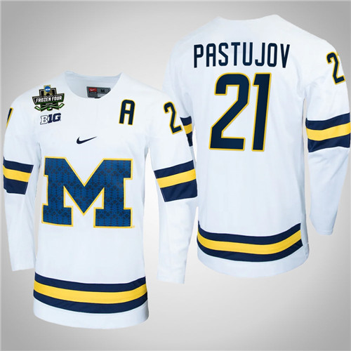 Michigan Wolverines 21 Michael Pastujov NCAA Hockey 2022 Frozen Four Jersey White
