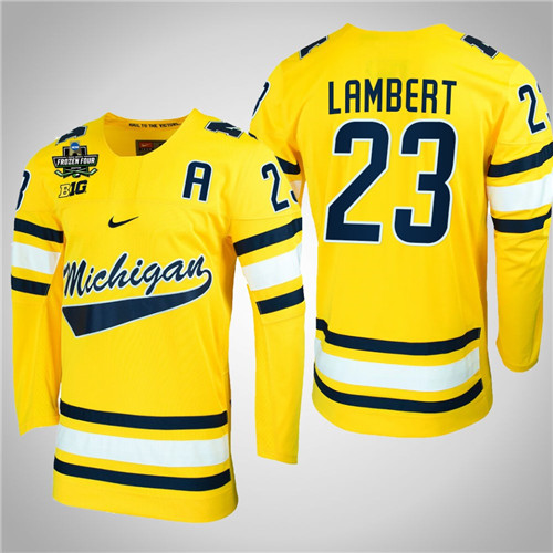 Michigan Wolverines 23 Jimmy Lambert NCAA Hockey 2022 Frozen Four Jersey Maize
