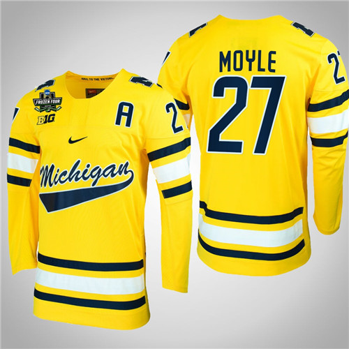 Michigan Wolverines 27 Nolan Moyle NCAA Hockey 2022 Frozen Four Jersey Maize
