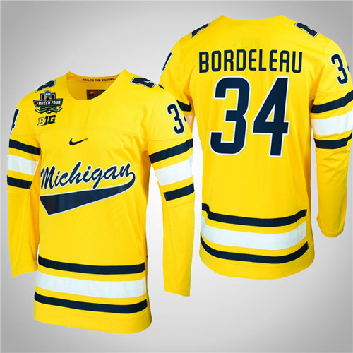 Michigan Wolverines 34 Thomas Bordeleau NCAA Hockey 2022 Frozen Four Jersey Maize