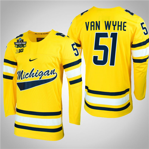 Michigan Wolverines 51 Garrett Van Wyhe NCAA Hockey 2022 Frozen Four Jersey Maize