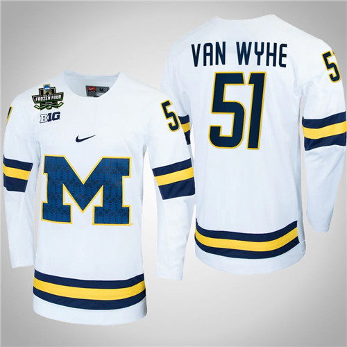 Michigan Wolverines 51 Garrett Van Wyhe NCAA Hockey 2022 Frozen Four Jersey White