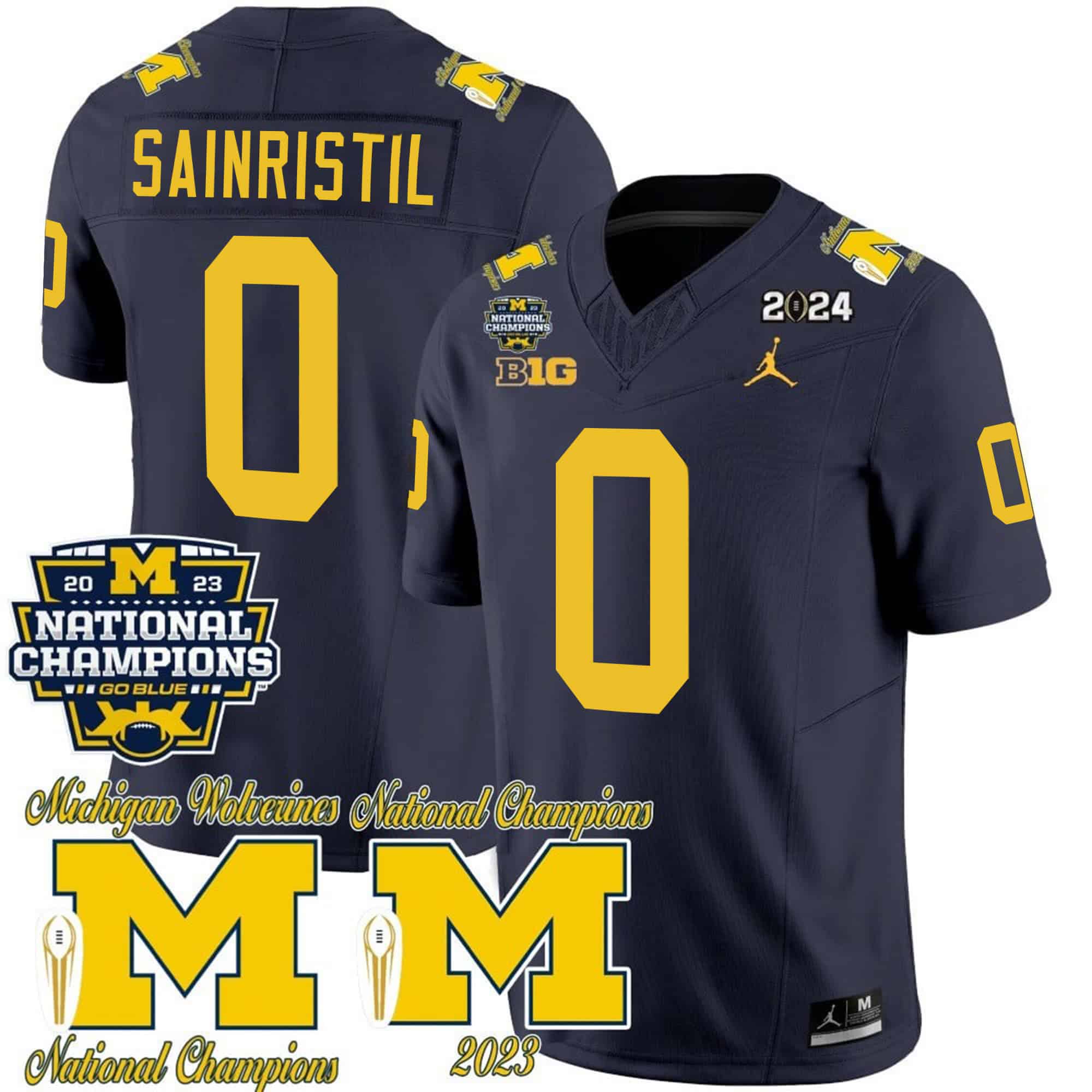 Michigan Wolverines CFP 2023 National Champions Patch Vapor Football    Jersey – All Stitched Navy #0 Mike Sainristil