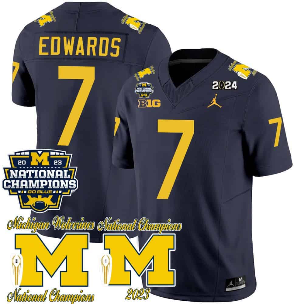 Michigan Wolverines CFP 2023 National Champions Patch Vapor Football    Jersey – All Stitched Navy #7 Donovan Edwards