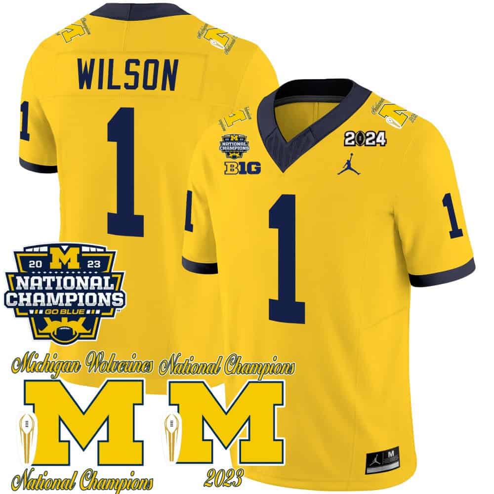 Michigan Wolverines CFP 2023 National Champions Patch Vapor Football  Jersey – All Stitched Maize #1 Roman Wilson